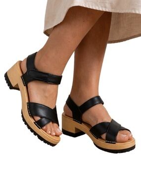 Swedish Hasbeens Leather Platform Sandals Wood Clog Heel Adjustable Velcro